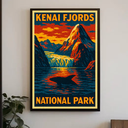 Kenai Fjords National Park Vintage Travel Dramatic Glacier Landscape Alaska Whale Tail Adventure Poster