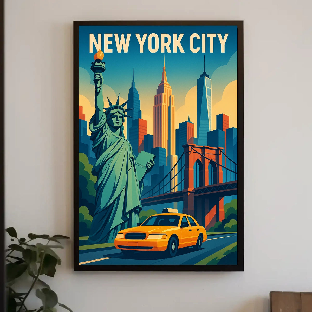 Iconic New York City Poster With Brooklyn Bridge Skyline