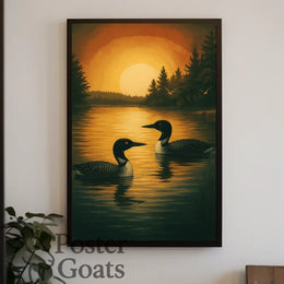 Serene Lake Scene with Loons and Sunset - Animal Poster