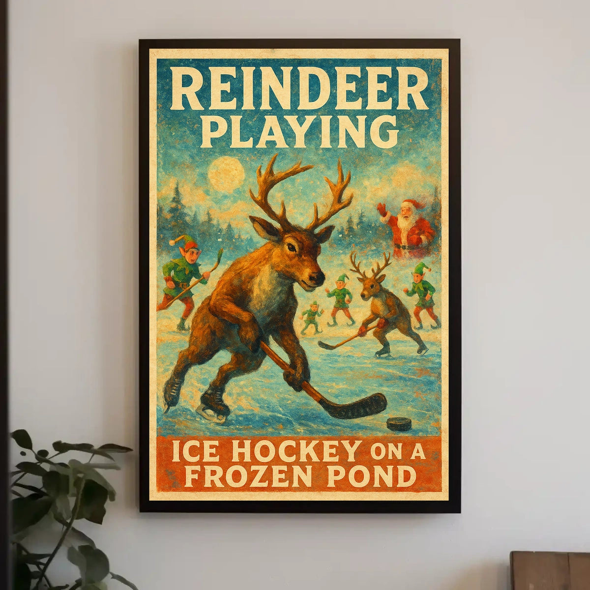 Festive Reindeer Ice Hockey Vintage Fantasy or Mythology Poster