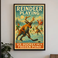 Festive Reindeer Ice Hockey Vintage Fantasy or Mythology Poster