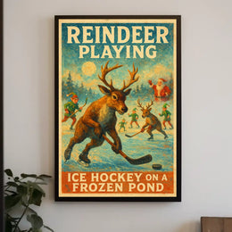 Festive Reindeer Ice Hockey Vintage Fantasy or Mythology Poster