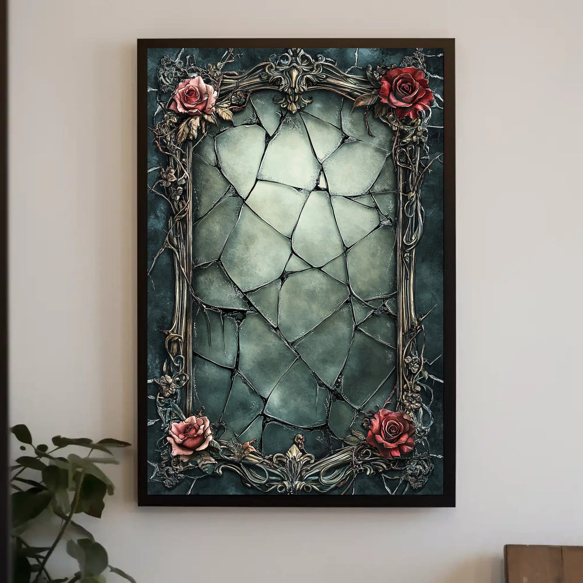 Ornate Gothic Floral Art Print with Roses and Cracked Frame Poster