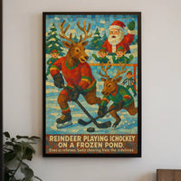Whimsical Reindeer Ice Hockey Christmas Art Poster