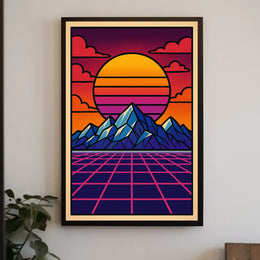 Vibrant Retro-Inspired Mountainscape Poster with Futuristic Sci-Fi Elements
