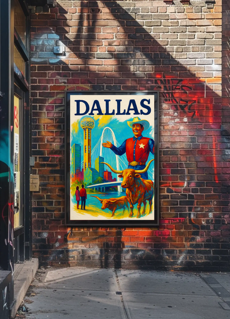 Dallas Texas Bridge Longhorn Cowboy Travel Poster