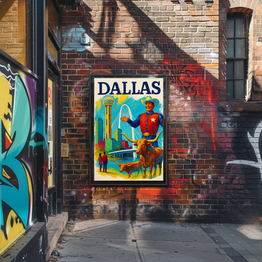 Dallas Texas Bridge Longhorn Cowboy Travel Poster