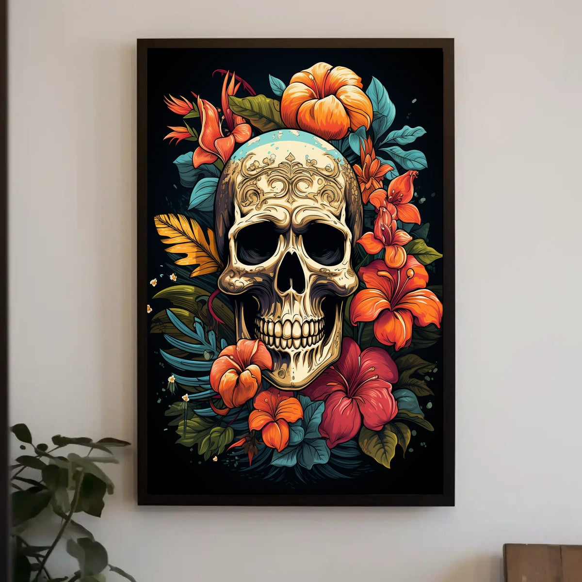 Skull and Floral Composition: Abstract or Artistic Poster