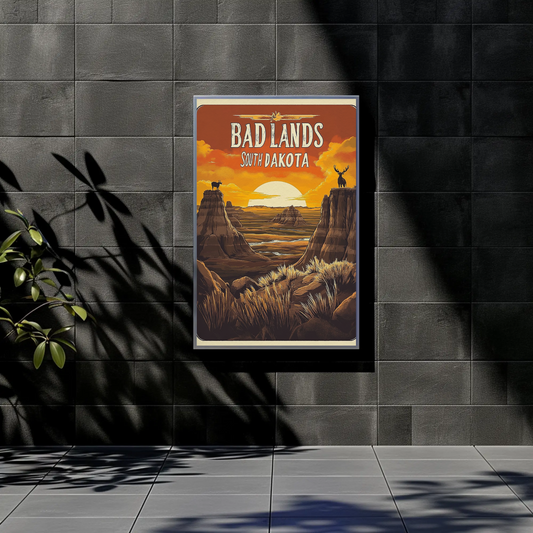 Badlands South Dakota Wildlife Sunset Scene Vintage Travel Poster