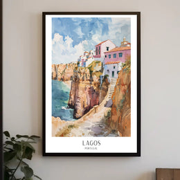 Vibrant Lagos Coastal Scene Watercolor Travel Poster PosterGoat