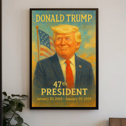 Donald Trump Dynamic Patriot Leadership Portrait Pop Art Realism Vibrant Flag Backdrop Collector Poster