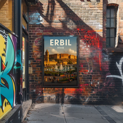Erbil Iraq Citadel Market Fountains Travel Poster