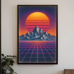 Retro Synthwave Mountain Landscape: Futuristic Sci-Fi Poster