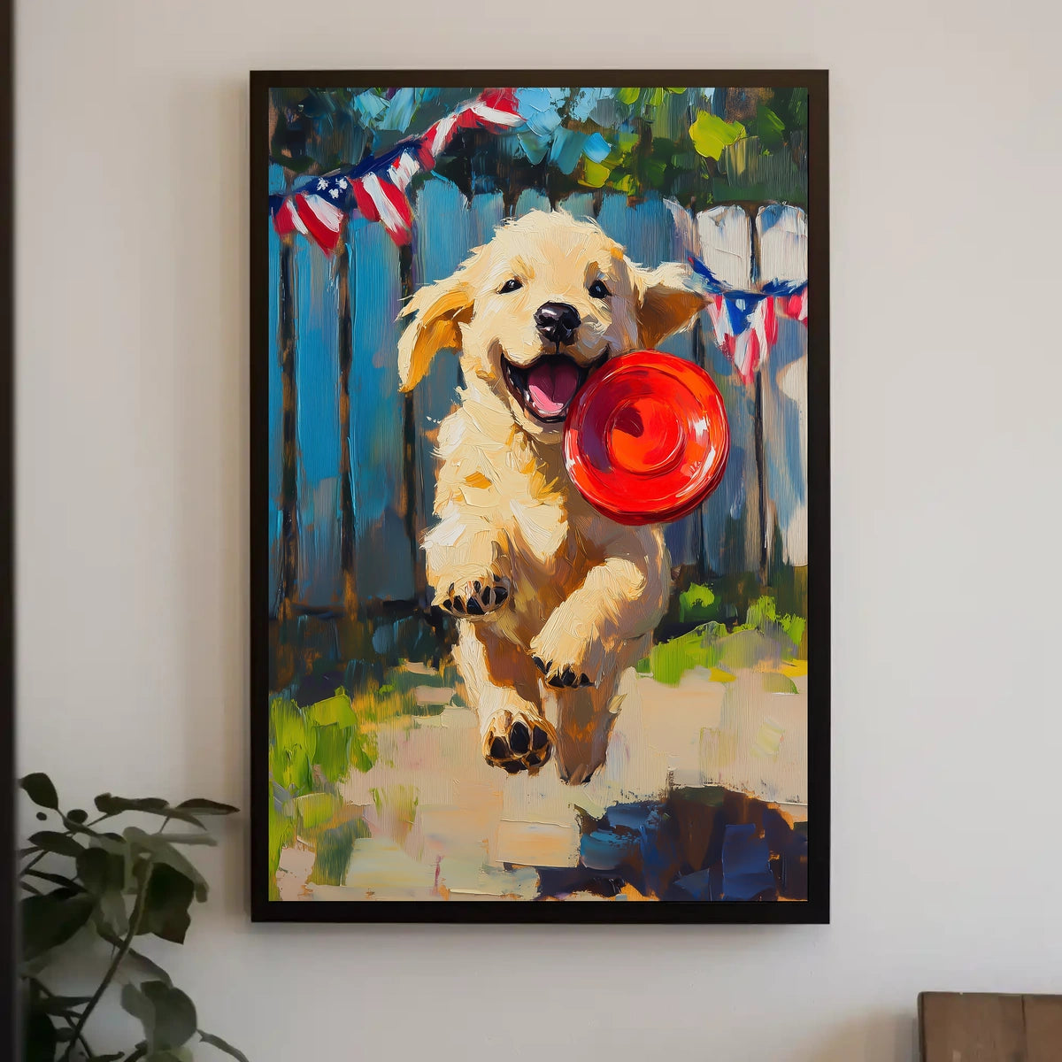 Golden Retriever Puppy Running With Red Frisbee Poster