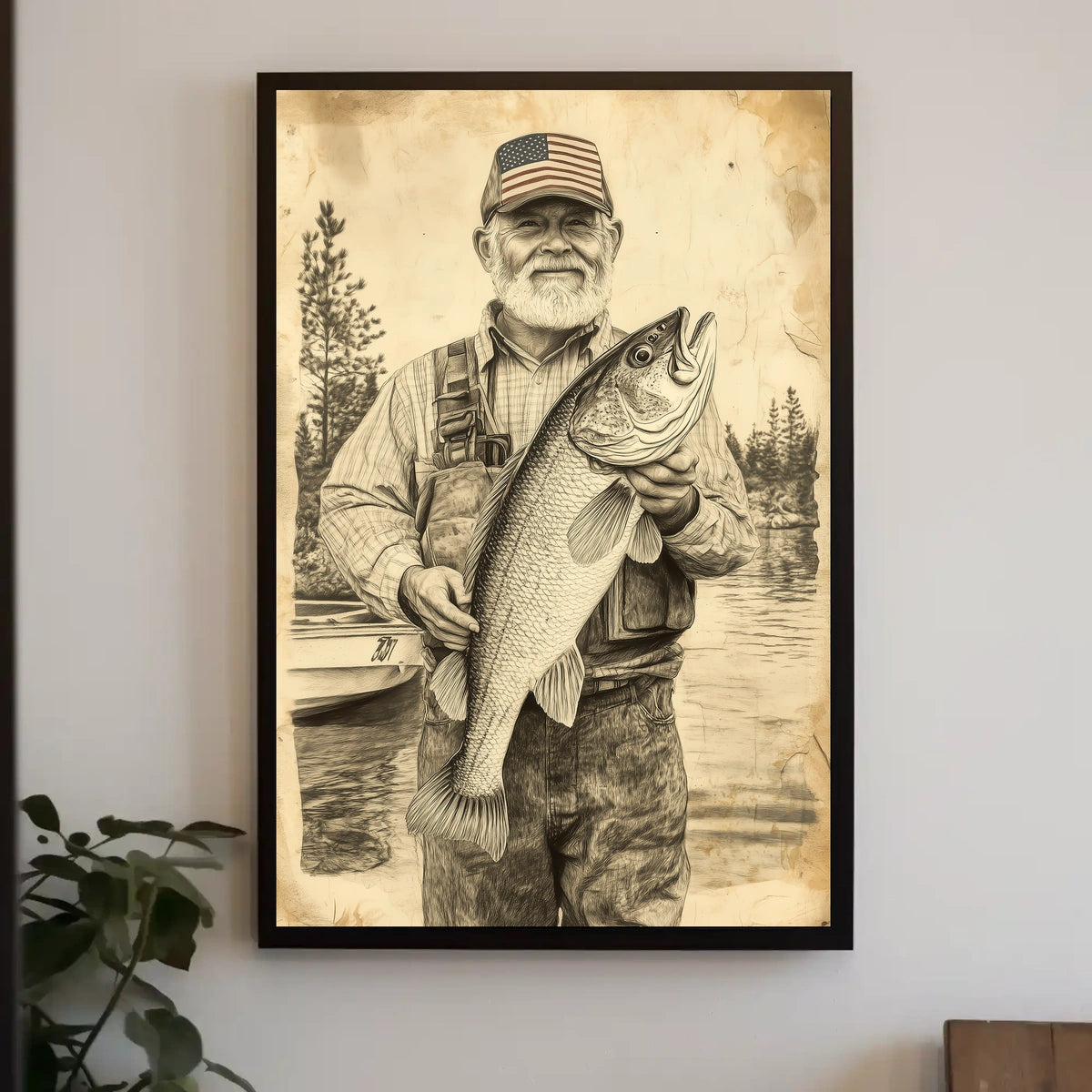 Vintage Style Fisherman Holding Large Bass Rustic Poster