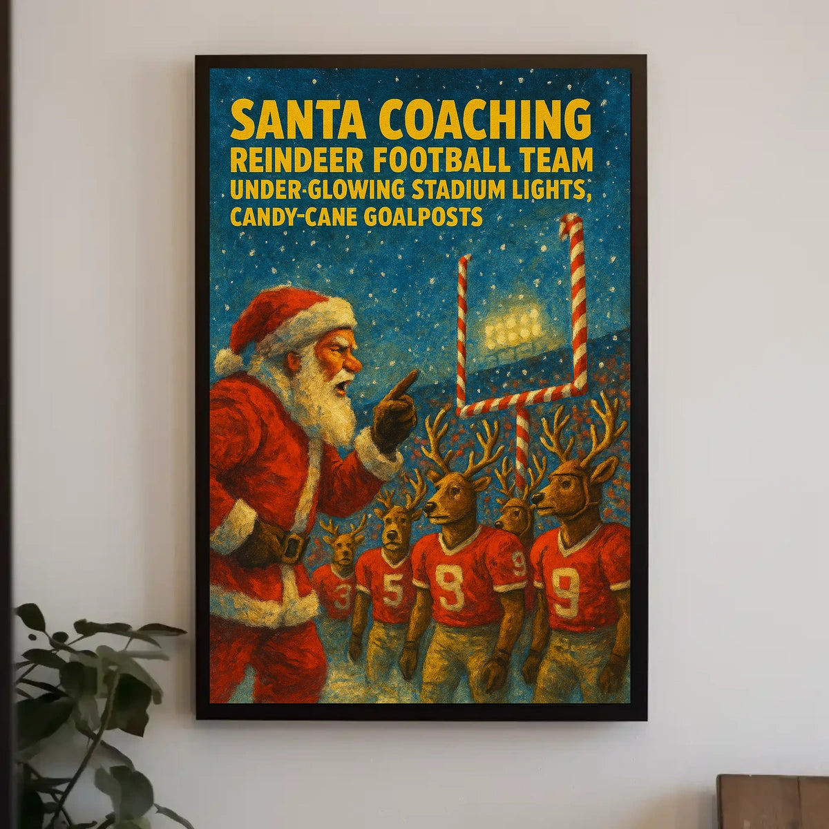 Santa Claus Coaches Reindeer Football Team Poster