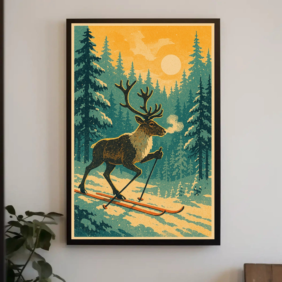 Skiing Reindeer In Winter Wonderland Poster