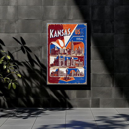 Kansas USA 1950s Grand Structures Vintage Maroon Travel Poster