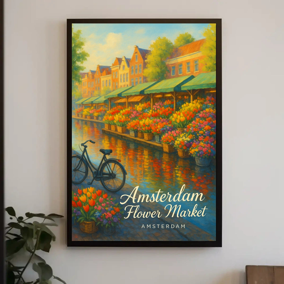 Amsterdam Flower Market Scenic Travel Heritage Cityscape Decor Vintage Artistic Souvenir Wanderlust Poster