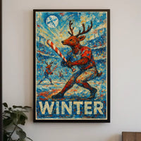Whimsical Reindeer Baseball Candy Cane Winter Poster