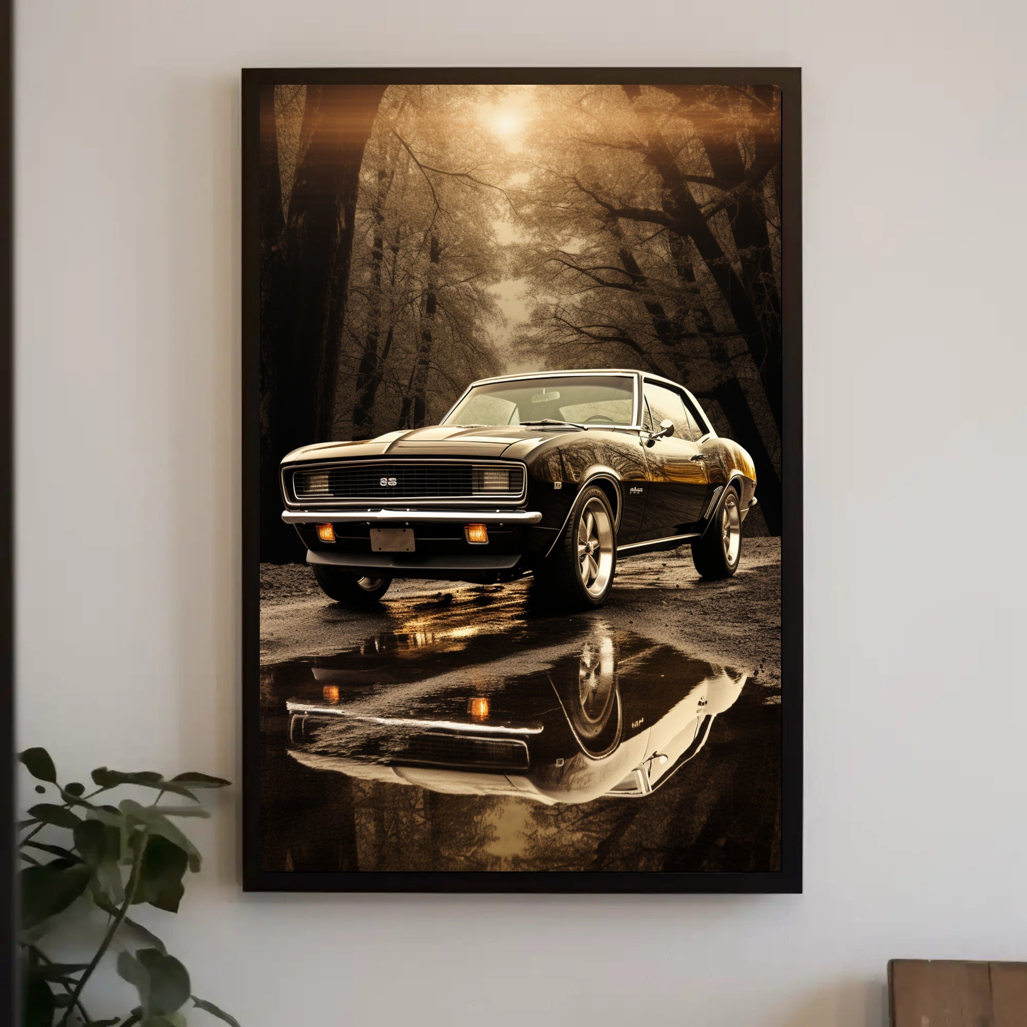 Classic Car in Autumn Reflection Poster PosterGoat