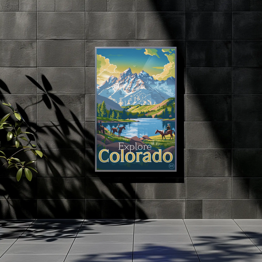Explore Colorado Horseback Mountains Reflection Vintage Travel Poster