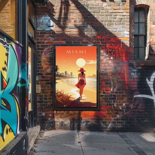 Miami Beach Sunset Woman Walking Travel Poster