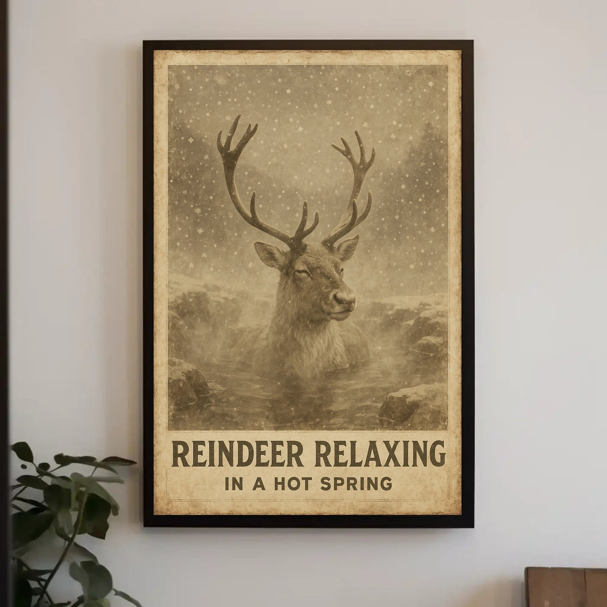 Reindeer Enjoying Hot Spring Vintage Animal Poster