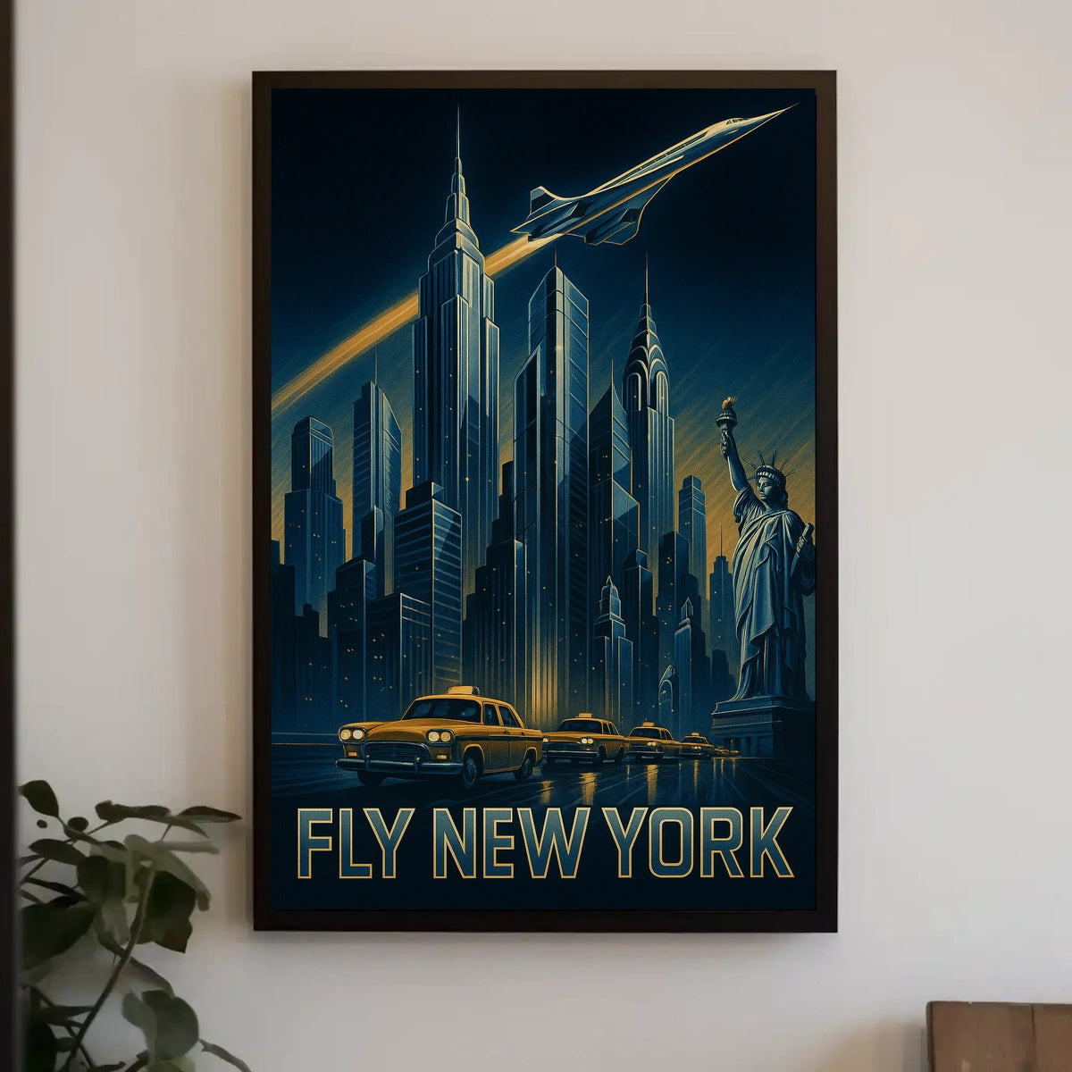 FLY NEW YORK: Nighttime Urban Cityscape Travel Poster