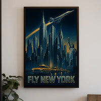FLY NEW YORK: Nighttime Urban Cityscape Travel Poster