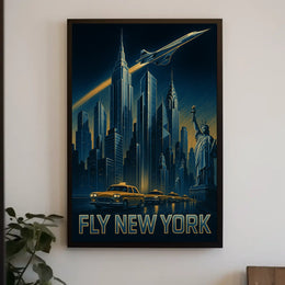 FLY NEW YORK: Nighttime Urban Cityscape Travel Poster