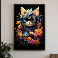 Whimsical Cat Poster: Glasses, Flowers, Books, Fantasy