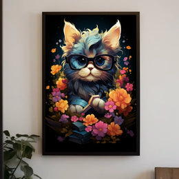 Whimsical Cat Poster: Glasses, Flowers, Books, Fantasy