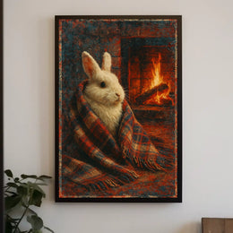 Cozy Rabbit by the Fireplace Poster