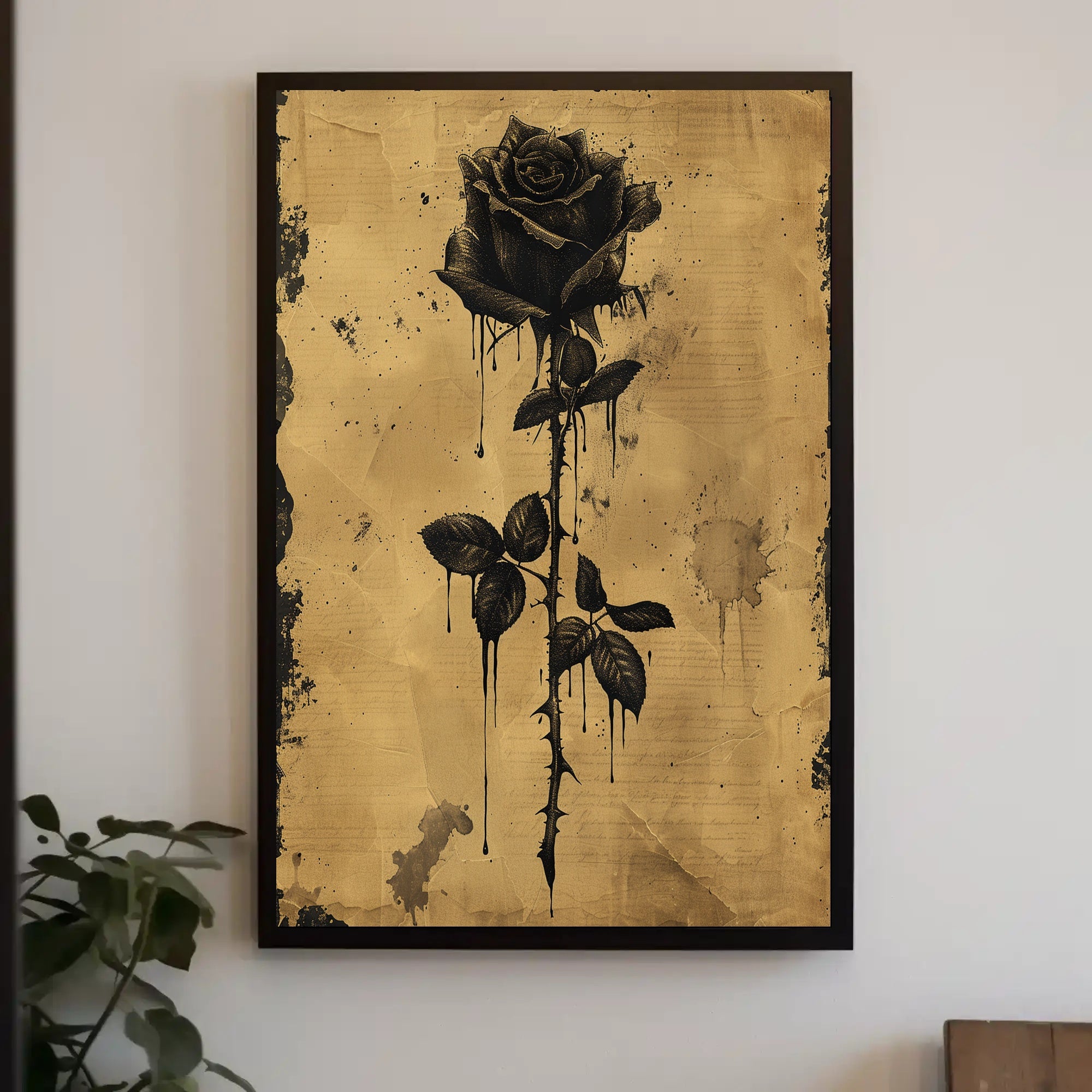 Black Rose Ink Dripping Gothic Art Poster PosterGoat