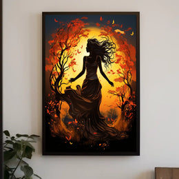 Autumn Dance: Silhouetted Woman in Vibrant Landscape