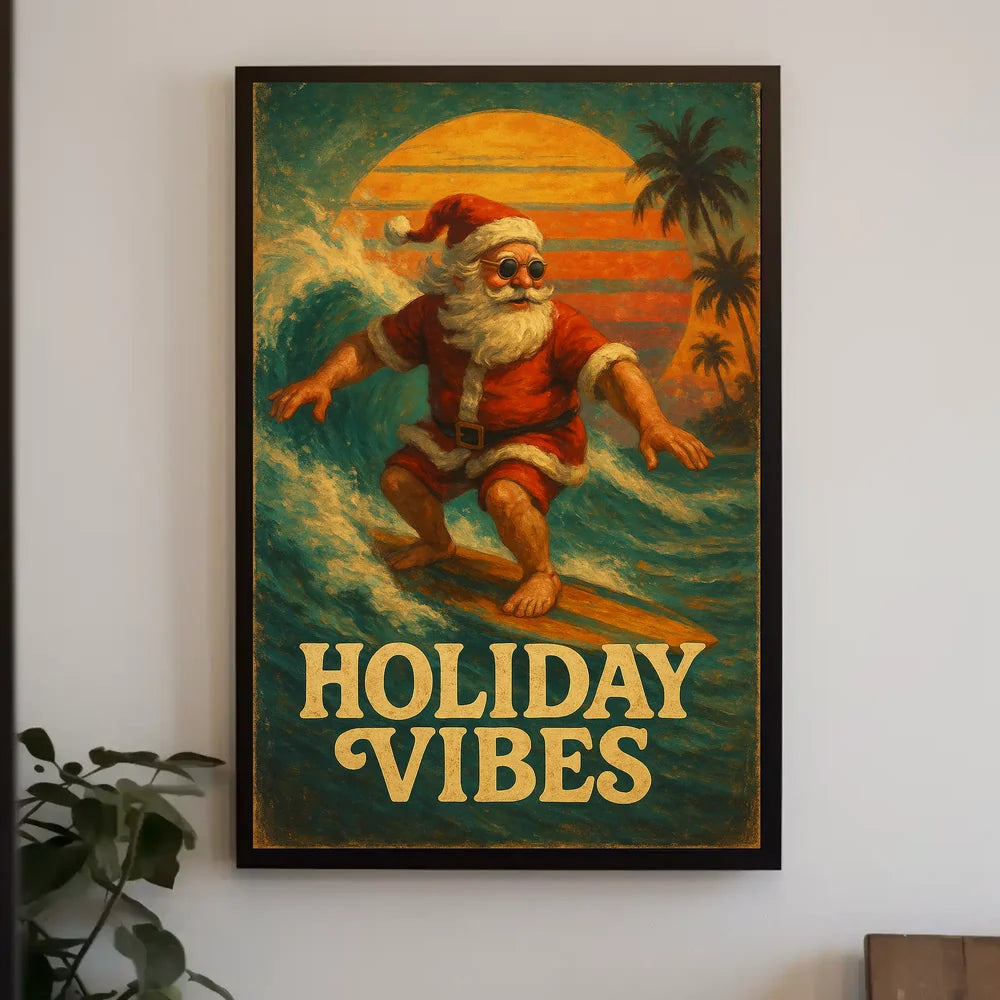 Surfing Santa Vintage Holiday Art Poster