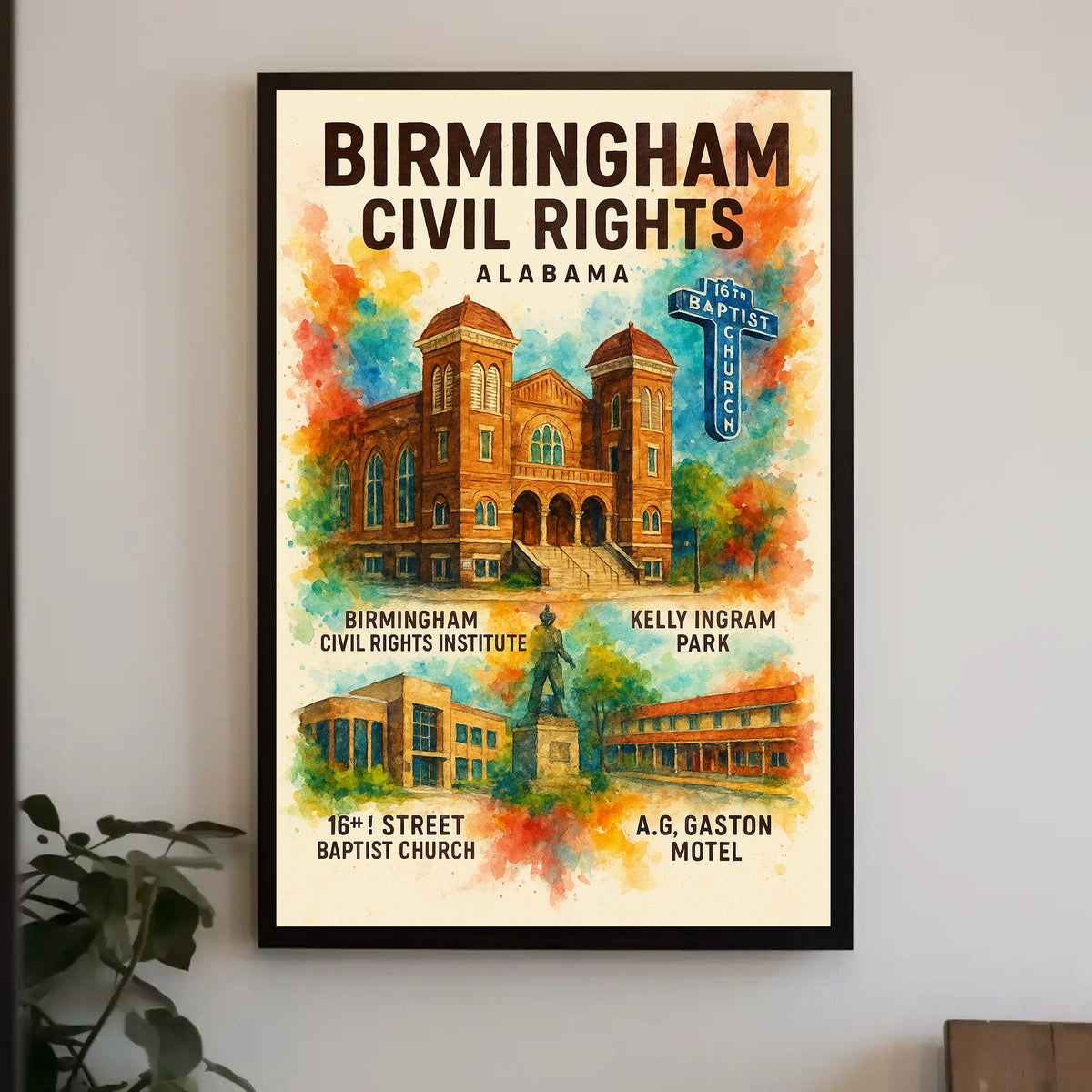 Birmingham Civil Rights Landmarks Vintage Watercolor Poster