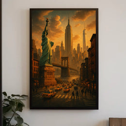 New York City Poster Vintage Sunset Cityscape Wall Art
