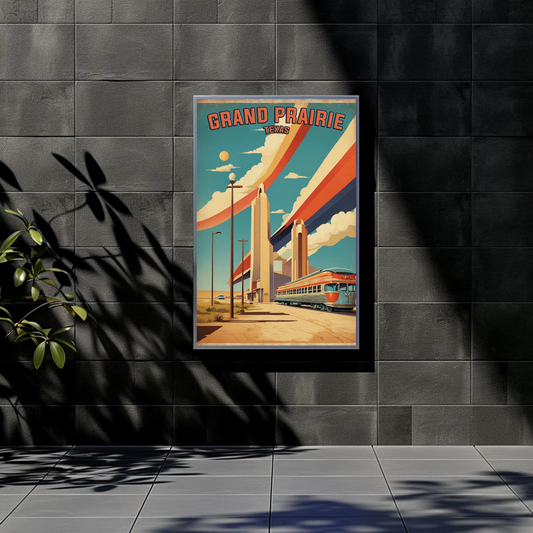 Grand Prairie Texas Train Towers Streamline Vintage Travel Poster
