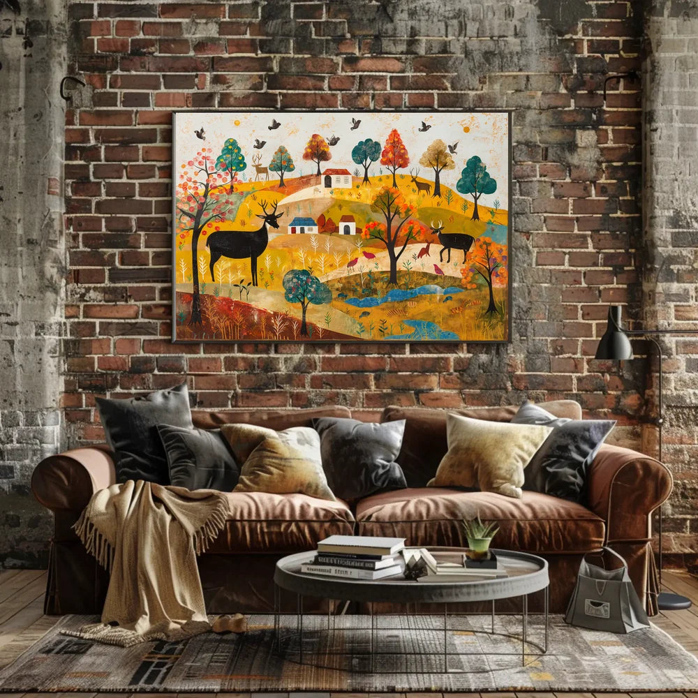 Idyllic Autumn Countryside Scene with Deer Poster