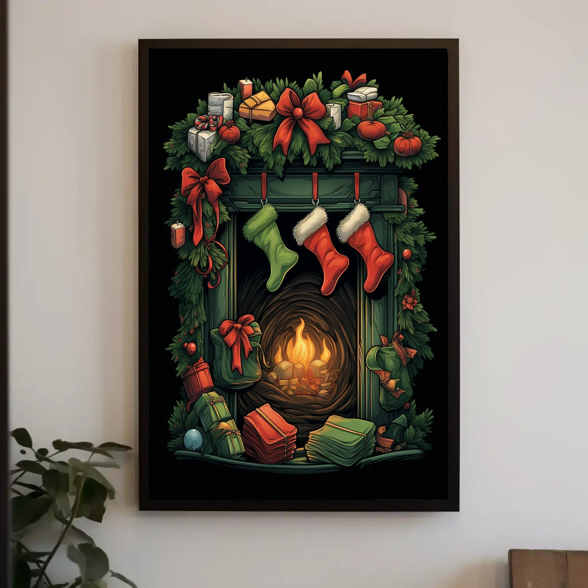 Festive Fireplace Holiday Scene Poster