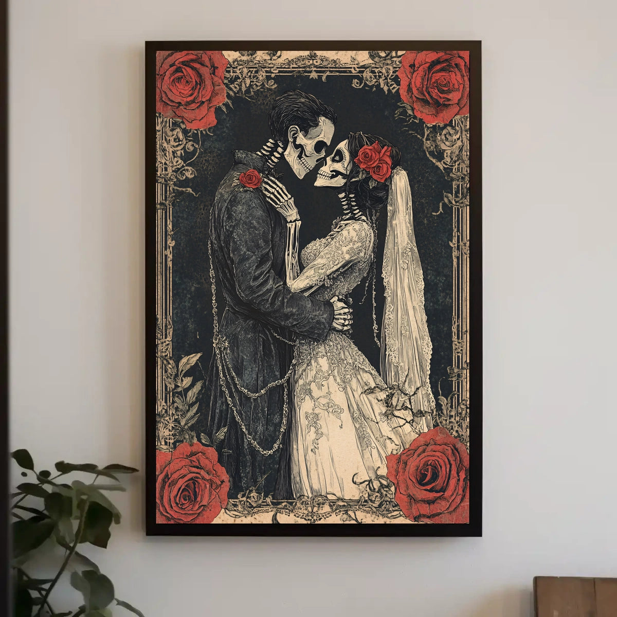 Skeleton Wedding Embrace: Romantic Cultural or Heritage Poster