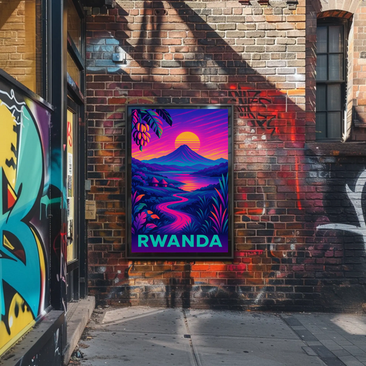 Rwanda Neon Night Valley Sunset Travel Poster