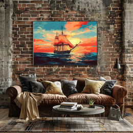 Vintage Sailing Ship at Vibrant Sunset Poster