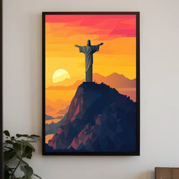 Christ the Redeemer Geometric Sunset Art Poster