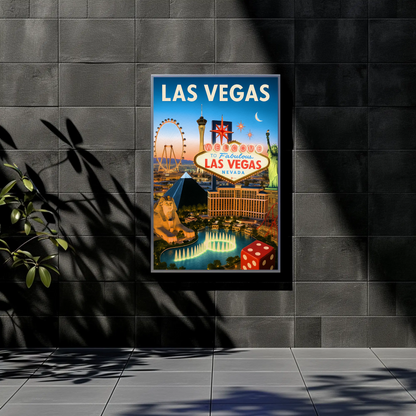Las Vegas Iconic Landmarks Night Lights Vintage Travel Poster