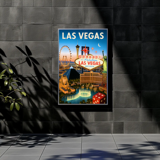 Las Vegas Iconic Landmarks Night Lights Vintage Travel Poster