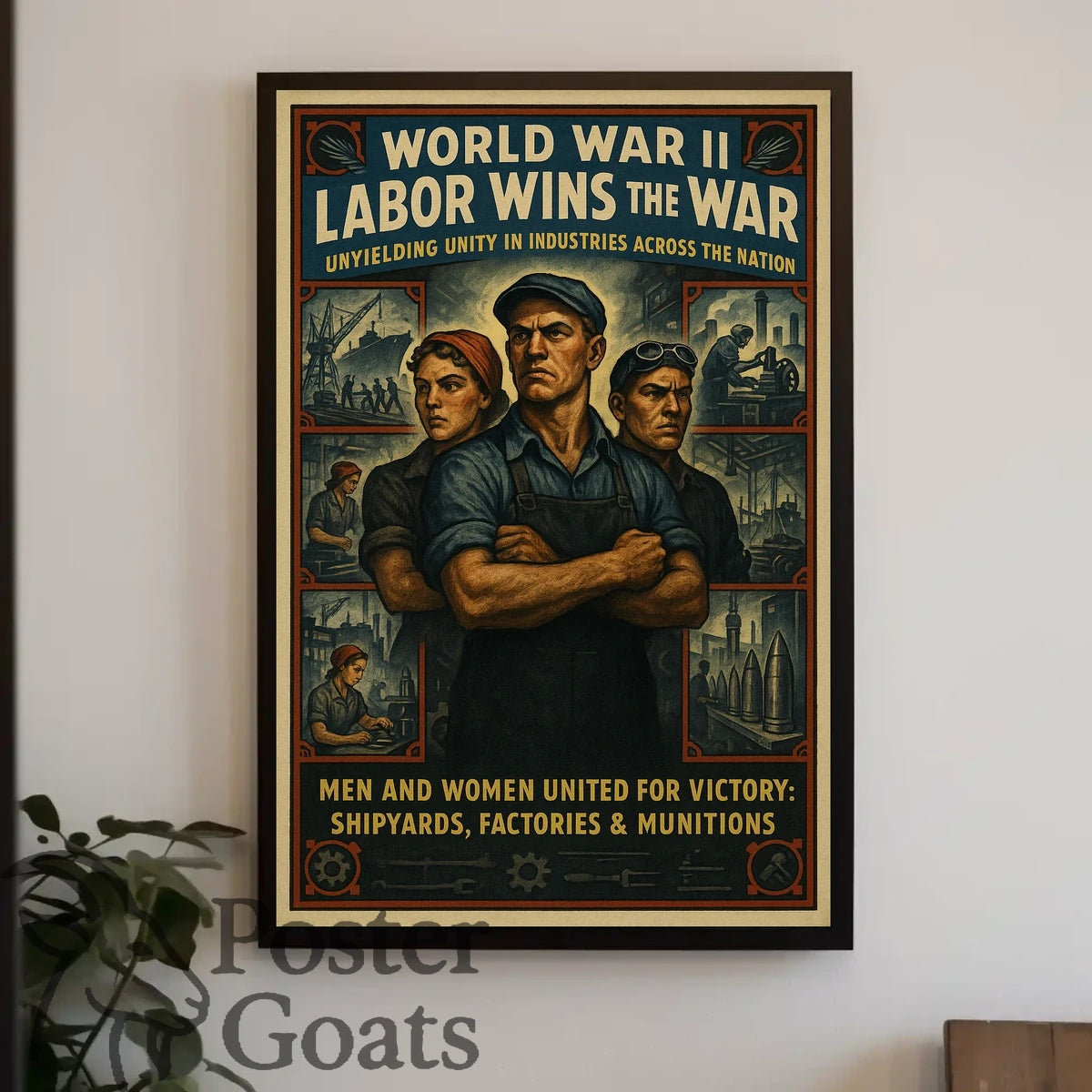 WWII Industrial Workforce Unity Vintage WWII Poster