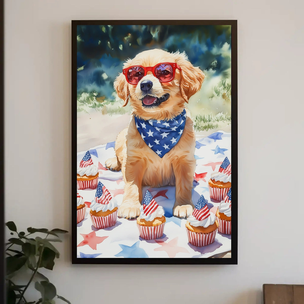 Golden Retriever Puppy Wearing Red Sunglasses Poster